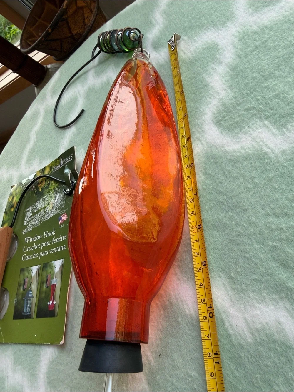 Orange Glass Decorative Window Hummingbird Feeder with Cedar Hook